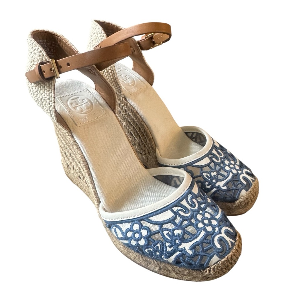 Tory Burch Navy Blue Lucia Embroidered Espadrille Wedge w/ Ankle Strap Sz 6 1/2
